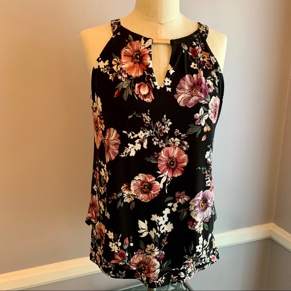 White House Black Market black twin print floral halter top keyhole neck - Picture 1 of 6